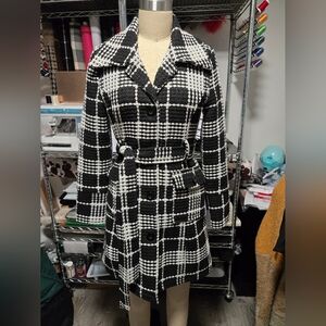 Black & White Plaid Belted Wool-Blend Peacoat